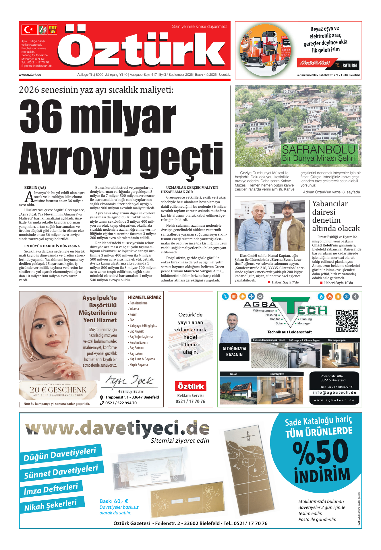 Öztürk Gazetesi – Sayı 417 – Eylül 2026 – Bielefeld